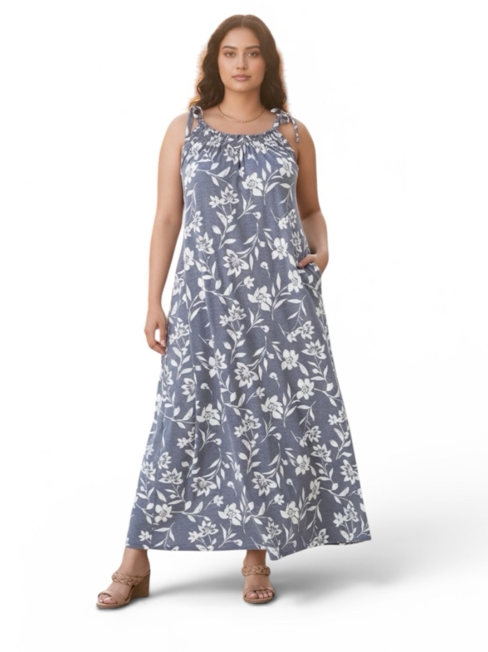 Lane Bryant Gray and White Floral Tie-Shoulder Maxi Dress